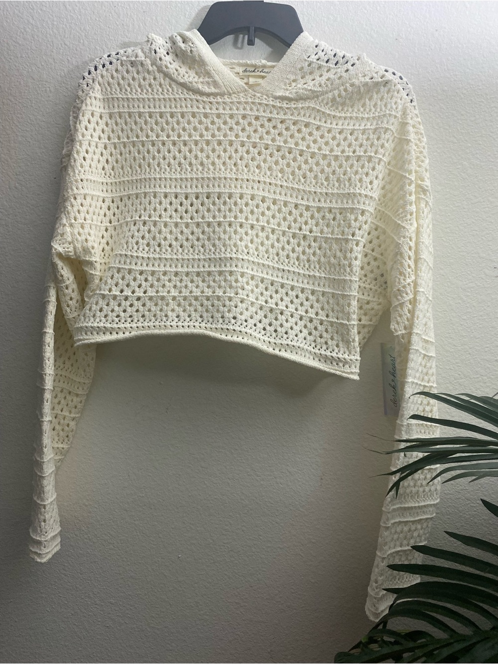 Derek Heart Cream Crochet Knit Hooded Cropped Top